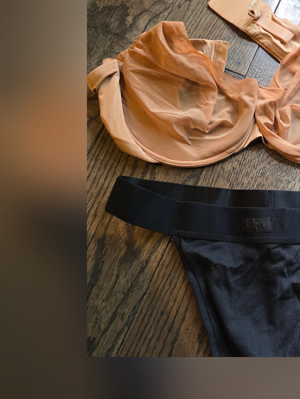 SKIMS Peach Sheer Underwire Bra with Black High-Waist Brief